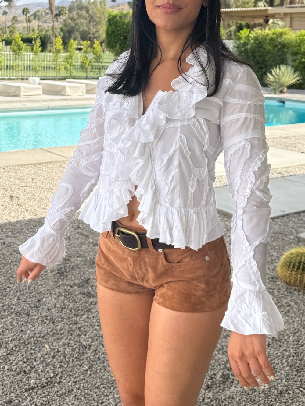Boston Proper White Ruffled V-Neck Blouse